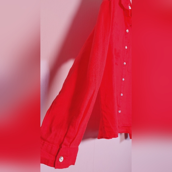 Rachel Zoe 100% Linen Button Front Size Medium Long Sleeve Red Orange Boho Basic - Picture 5 of 13